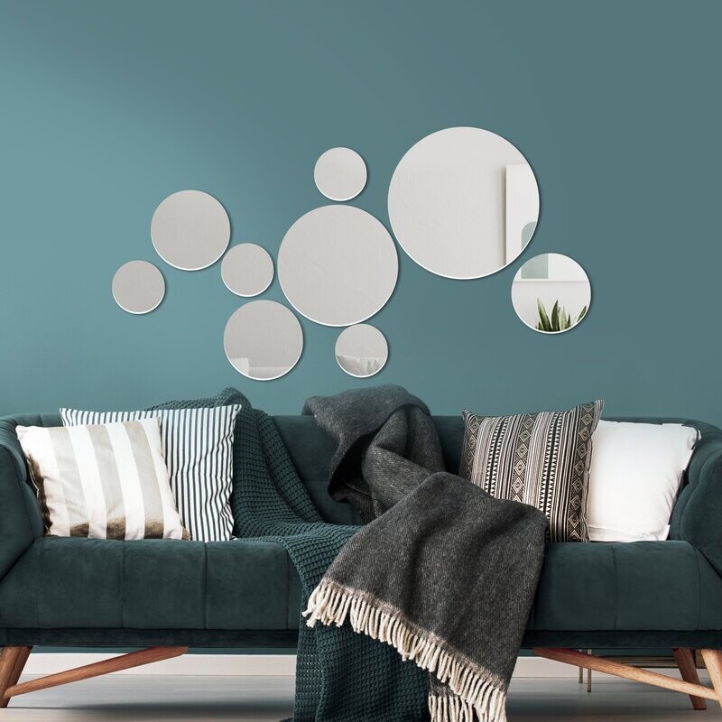 Circa Designer Frameless Mirror Set - 9 Round Circular Discs of Acrylic Mirror.