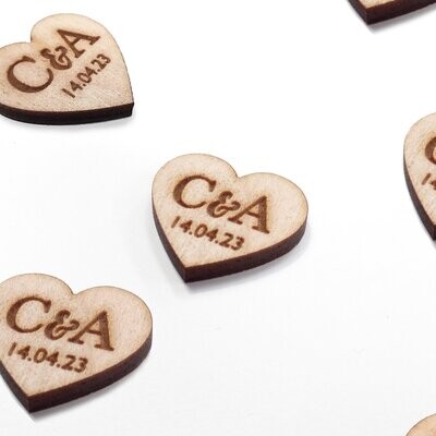 Inscribed Wooden Hearts Scatter Table Confetti or Favour Decorations - Personalised with Initials & Date