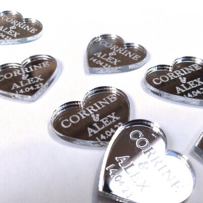 Etched Personalised Silver Mirror Table Confetti Hearts - Wedding Favours