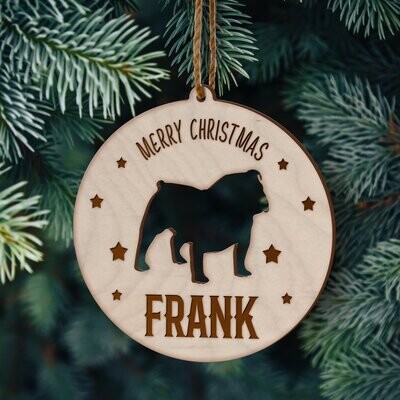 Christmas Doggy Decoration Wooden - Personalised with Etched Name and Breed Cut-out