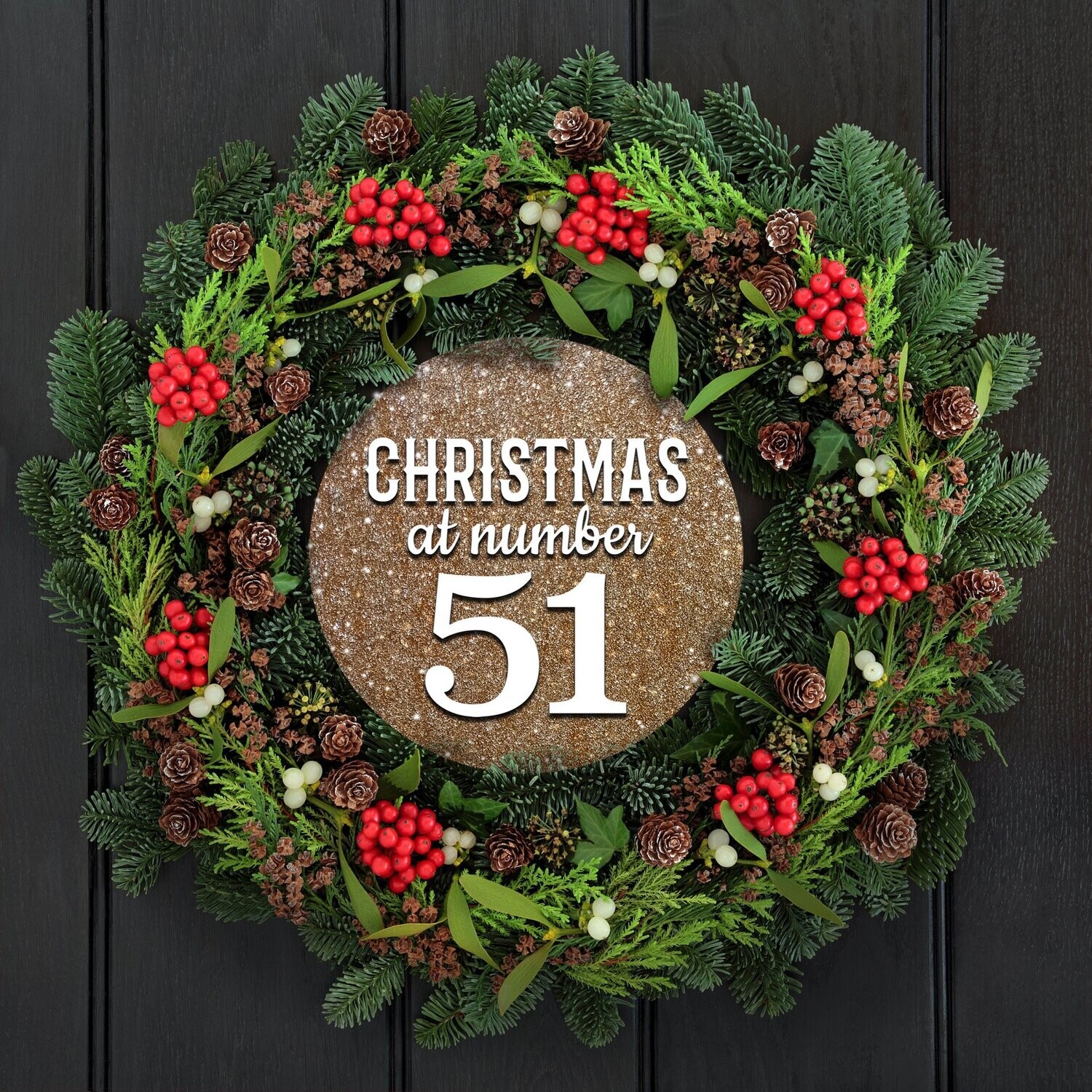 Glitter Door Christmas Wreath Centre Name / Number Plaque, Colour: Gold Glitter Sign, Size: 15cm Diameter