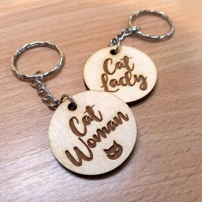 Cat Woman Cat Lady Birch Wood Keyring Gift for Cat Owner