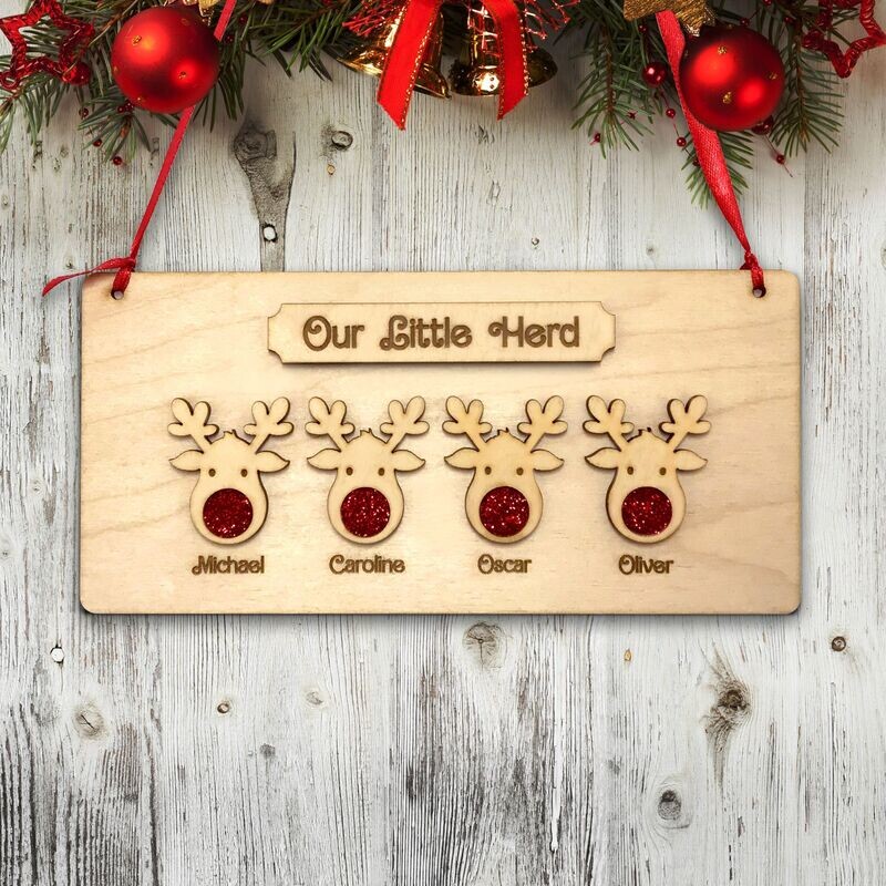 Personalised Wooden Reindeer Family Hanging Plaque - Christmas Decoration Gift