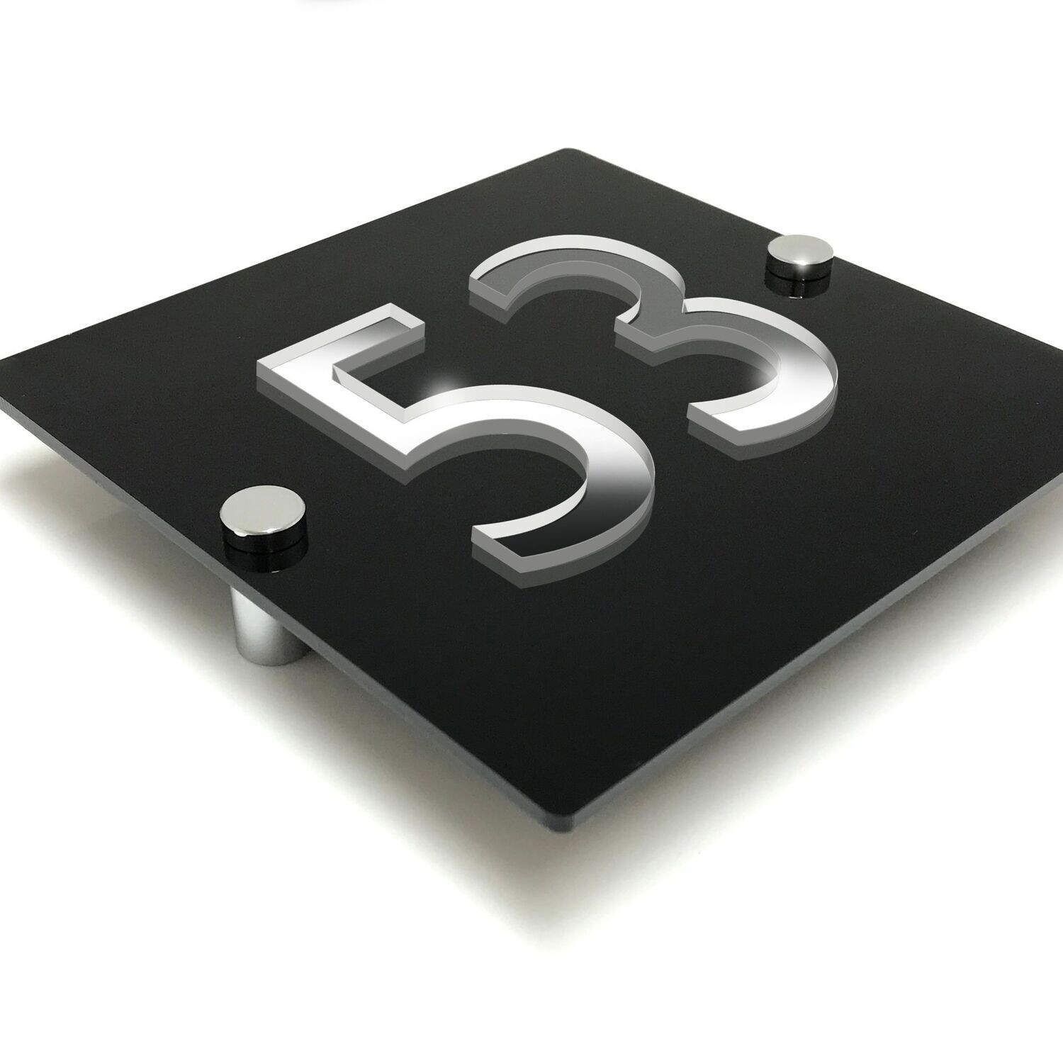 Refletto Square House Number Sign | Gloss Black with Mirror Numbers  | 15 x 15cm