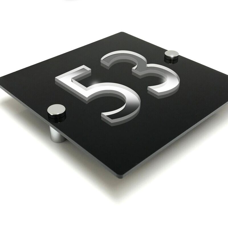 Refletto Square House Number Sign | Gloss Black with Mirror Numbers  | 15 x 15cm