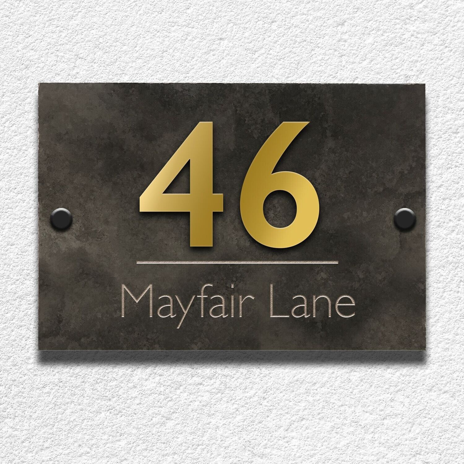 Mayfair Gold | Honed Slate House Sign | Number & Street | 15 x 20cm, Type Style: Contemporary