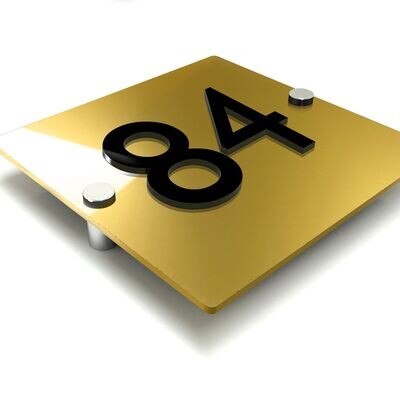 Aurora Square House Number Sign | Gold Acrylic & Black Raised 3D Numbers | Chrome Stand Offs