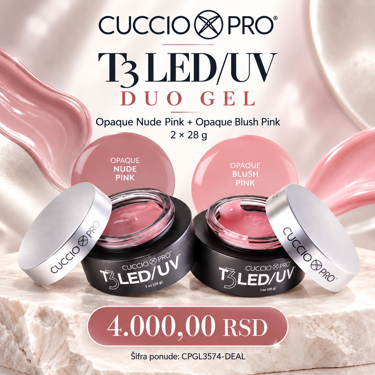 T3 LED/UV Controlled Levelling Thick Viscosity Gel - Opaque Nude Pink + Opaque Blush Pink 2 x 28 g