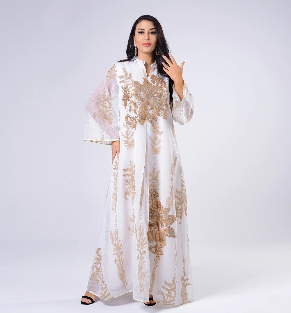 Maxi Dress Golden Sequins Embroidery Green White