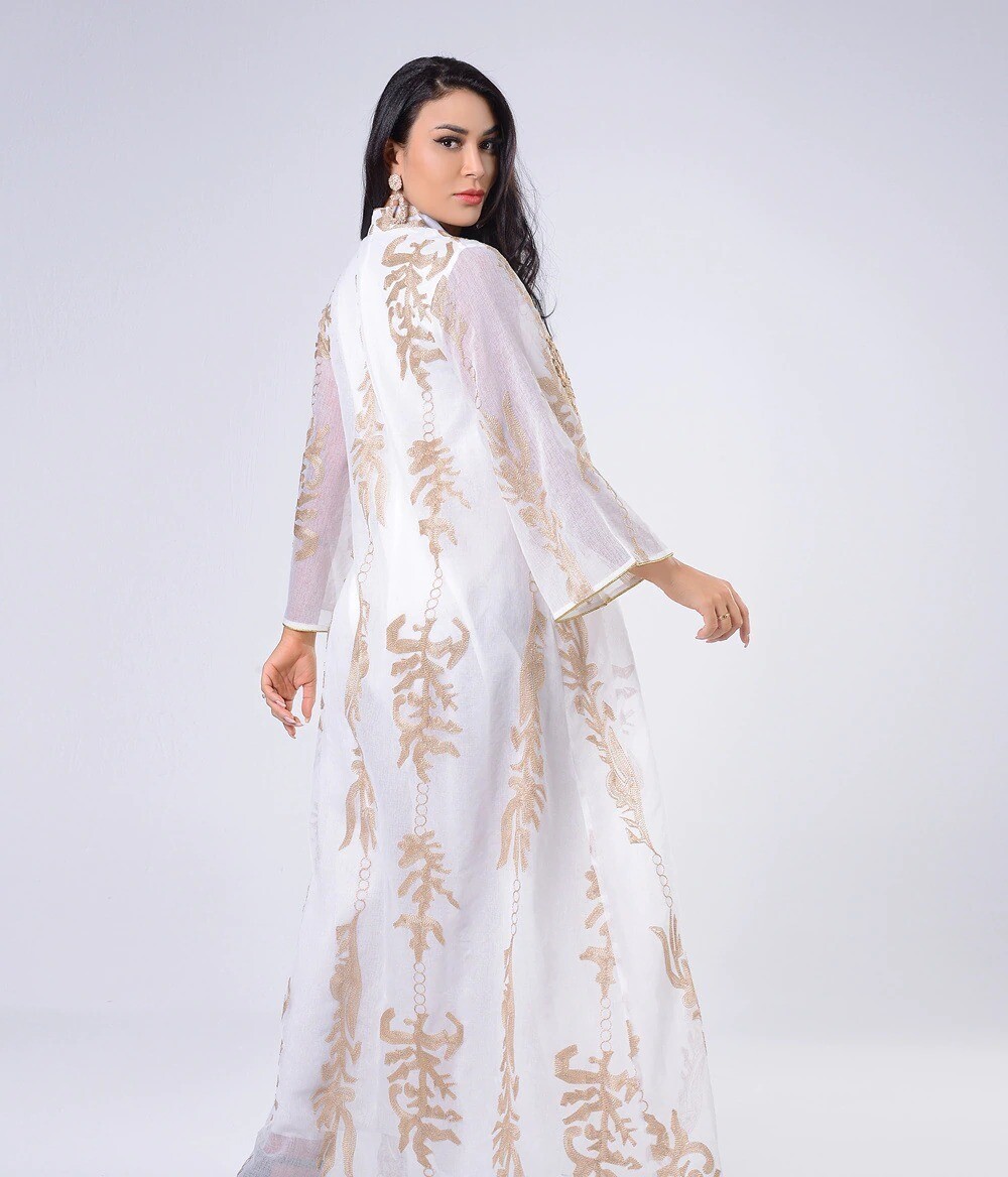 Maxi Dress Golden Sequins Embroidery Green White