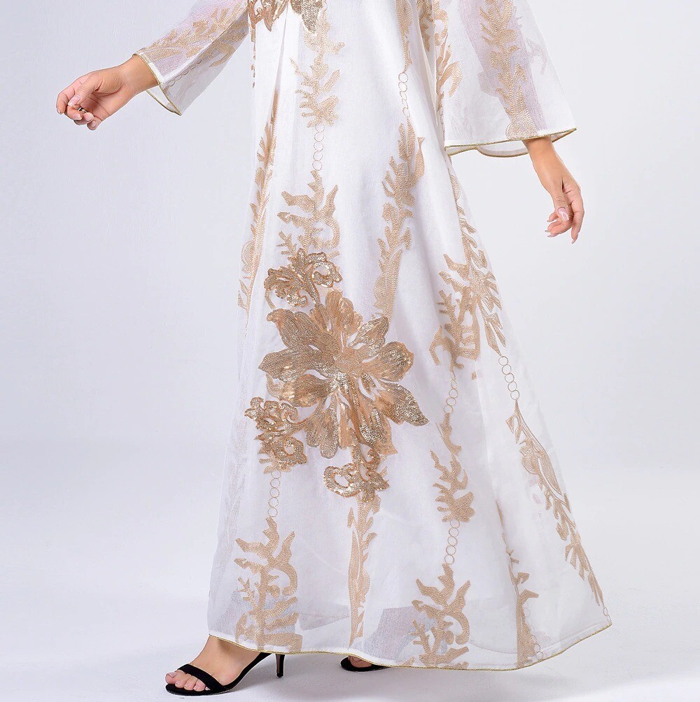 Maxi Dress Golden Sequins Embroidery Green White