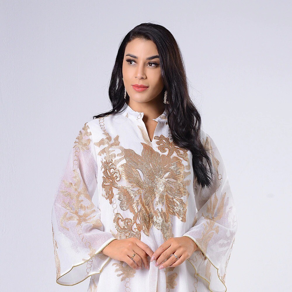 Maxi Dress Golden Sequins Embroidery Green White