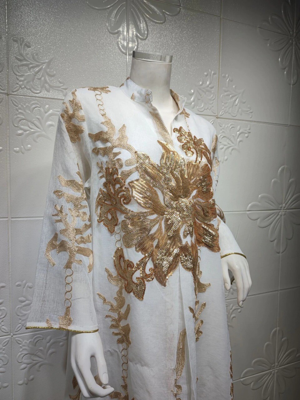 Maxi Dress Golden Sequins Embroidery Green White