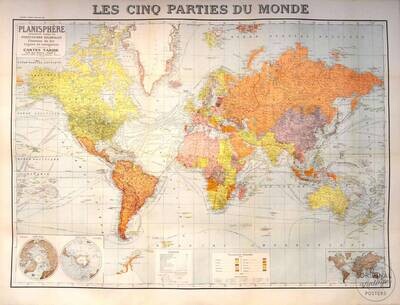 Affiche ancienne voyage - Planisphère Les cinq parties du Monde - Editions Taride - 1930