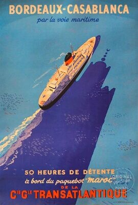 Affiche ancienne voyage - Compagnie Générale Transatlantique - Bordeaux Casablanca - Edouard Collin - 1913