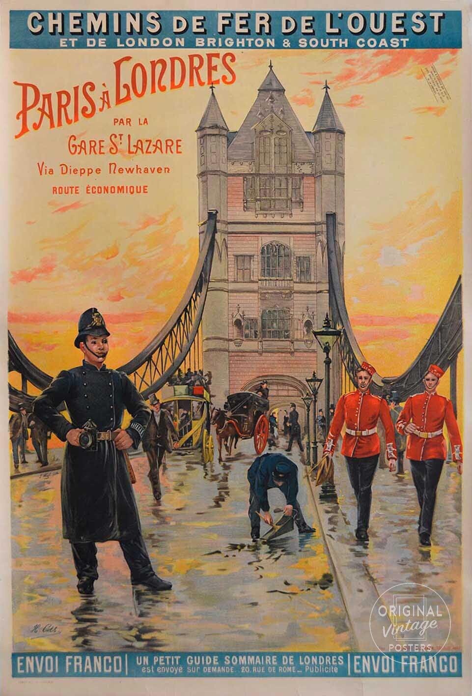 Affiche ancienne voyage - Chemins de fer de l Ouest - Paris à Londres - H. Colb - 1890 - 1900