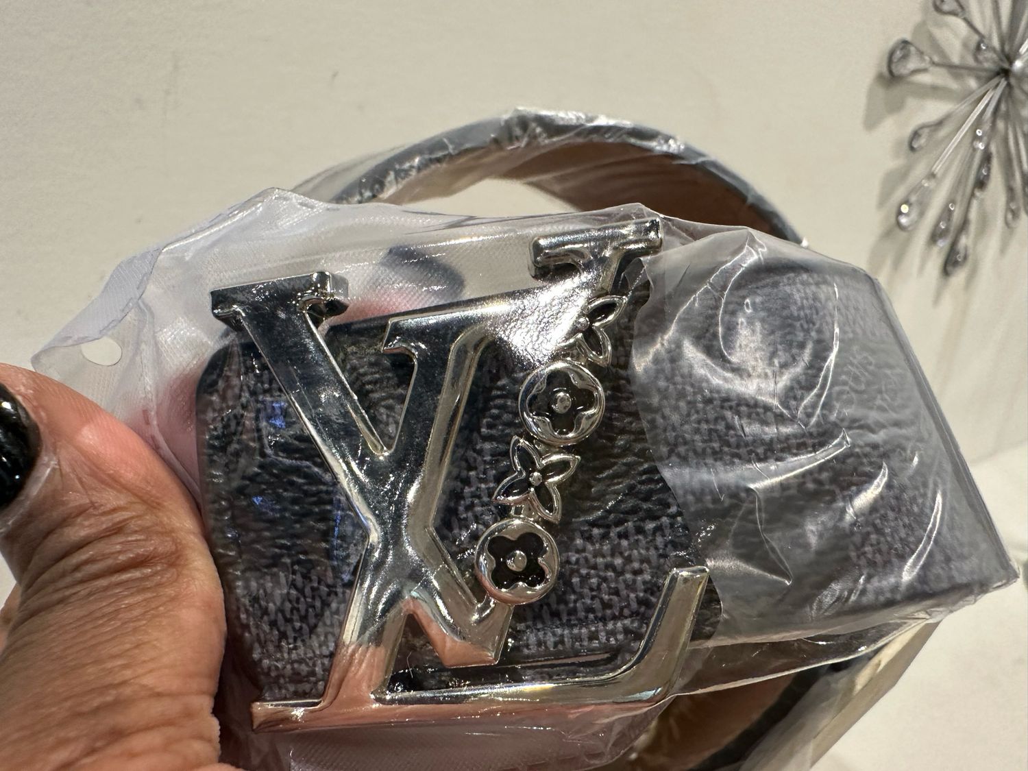 LV Silver Black Damier Flower Belt