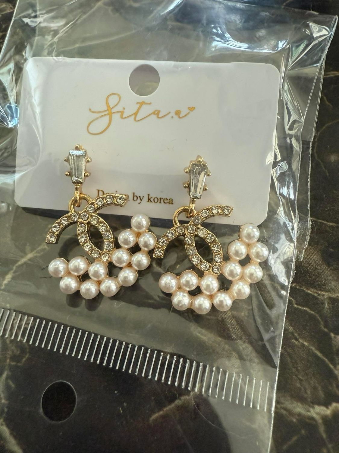 CC Embellished Gold Pearl Earrings