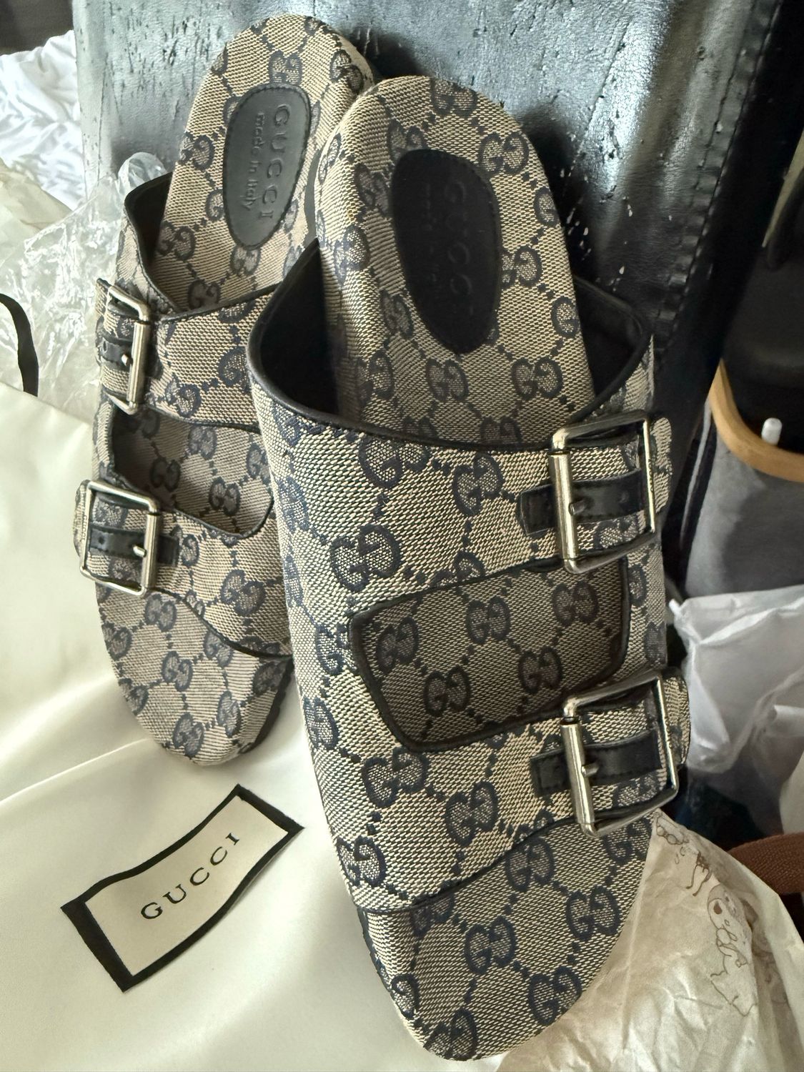 Gucci Blue Canvas Slides 9–9.5