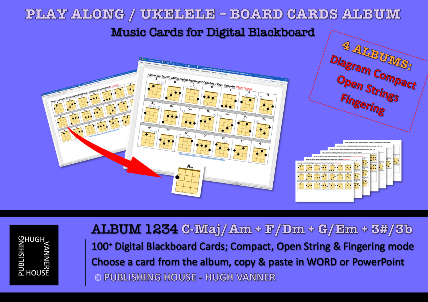 Play Along - 4 Albums with 100+ Digital Blackboard Cards for UKELELE Education (GCEA)