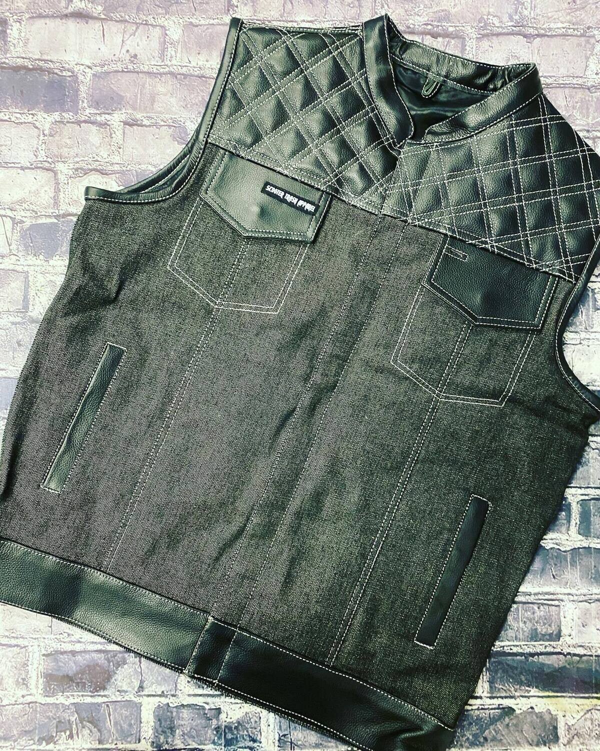 BLACK DENIM &amp; LEATHER DIMOND VEST