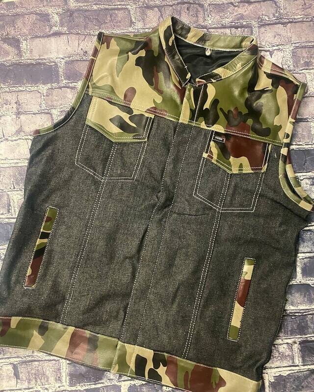BLACK DENIM &amp;  CAMO LEATHER  VEST
