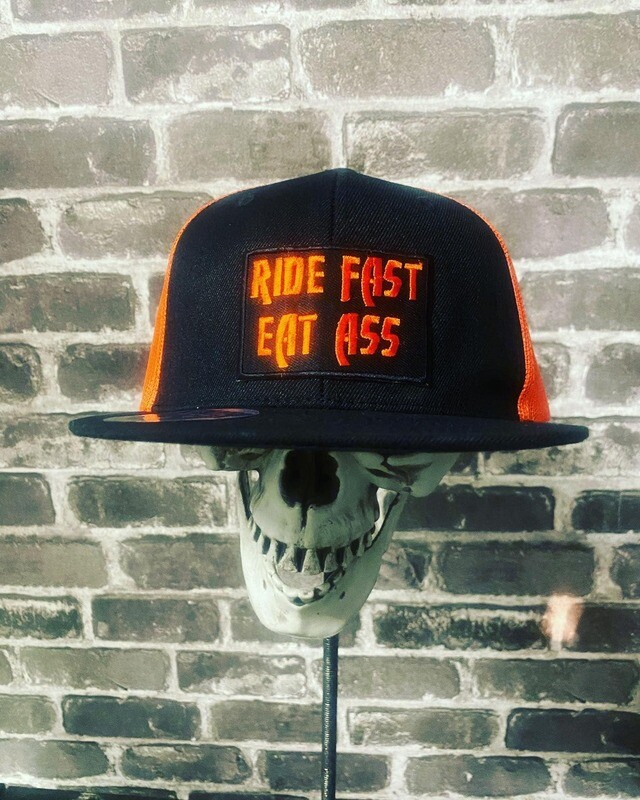 RIDE FAST EAT ASS- ORANGE MESH - PATCH  - SNAP BACK