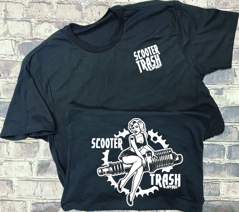 SCOOTER TRASH LOGO - PIN UP GIRL WITH SPARK PLUG AND SPROCKET-  T-SHIRT