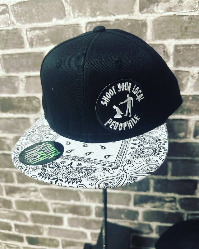 SHOOT YOUR LOCAL PEDO- BLACK/WHITE BANDANNA - PATCH  - SNAP BACK