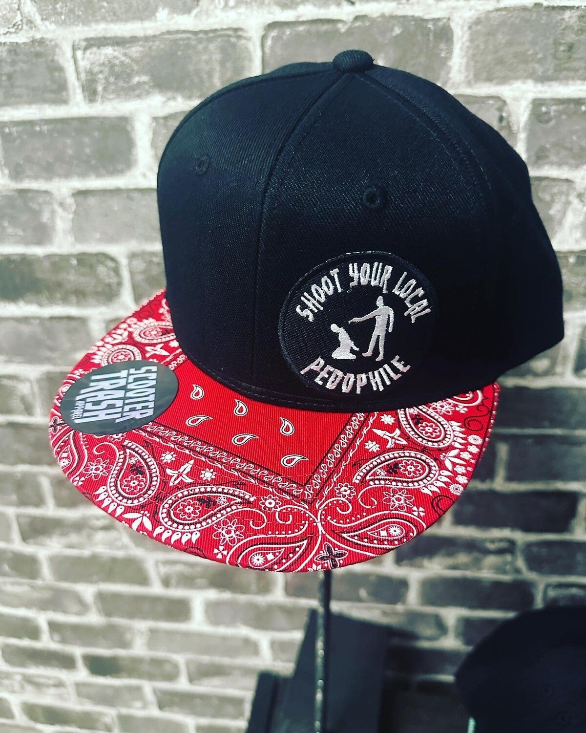 SHOOT YOUR LOCAL PEDO- BLACK/RED BANDANNA - PATCH  - SNAP BACK