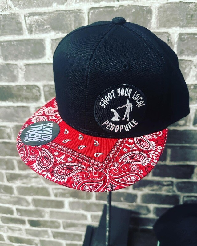 SHOOT YOUR LOCAL PEDO- BLACK/RED BANDANNA - PATCH  - SNAP BACK