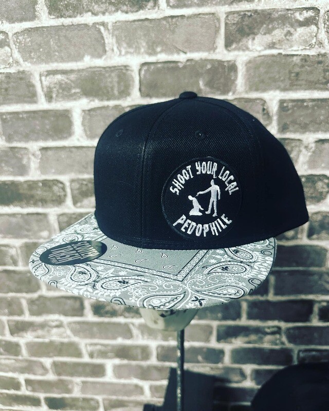 SHOOT YOUR LOCAL PEDO- BLACK/GRAY BANDANNA - PATCH  - SNAP BACK