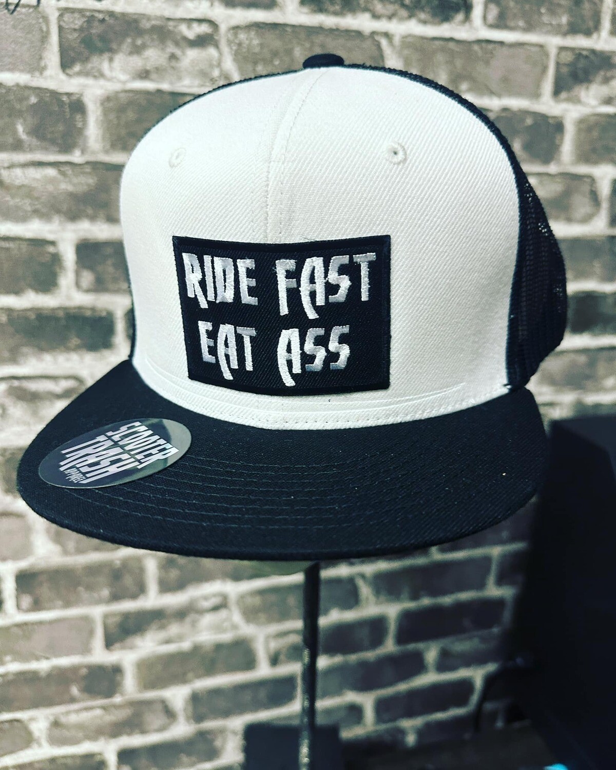 RIDE FAST EAT ASS- BLACK BILL - WHITE TOP - BLACK MESH BACK - PATCH  - SNAP BACK