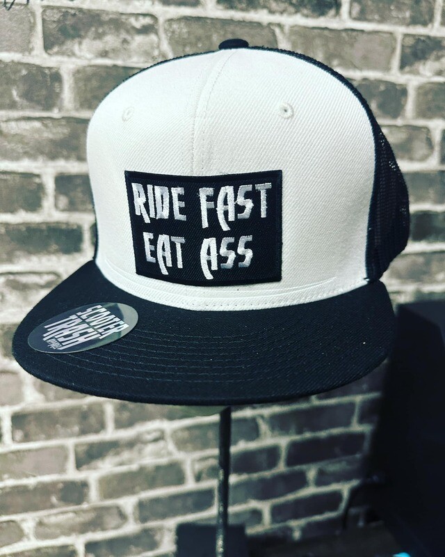 RIDE FAST EAT ASS- BLACK BILL - WHITE TOP - BLACK MESH BACK - PATCH  - SNAP BACK
