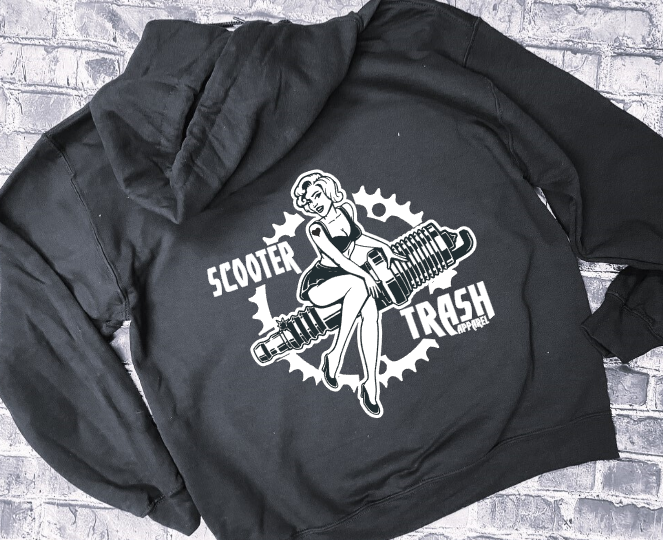 PIN UP GIRL ON SPROCKET AND SPARK PLUG- HOODIE