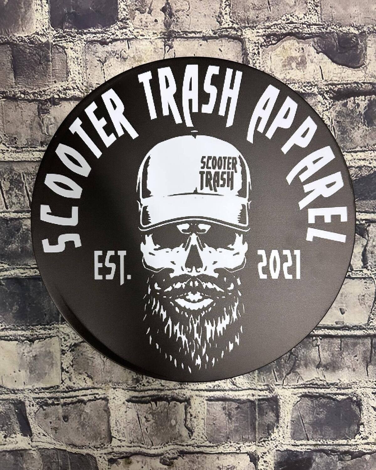 SCOOTER TRASH APPAREL EST 2021 GUY SKULL- METAL SIGN - 12 INCH ROUND