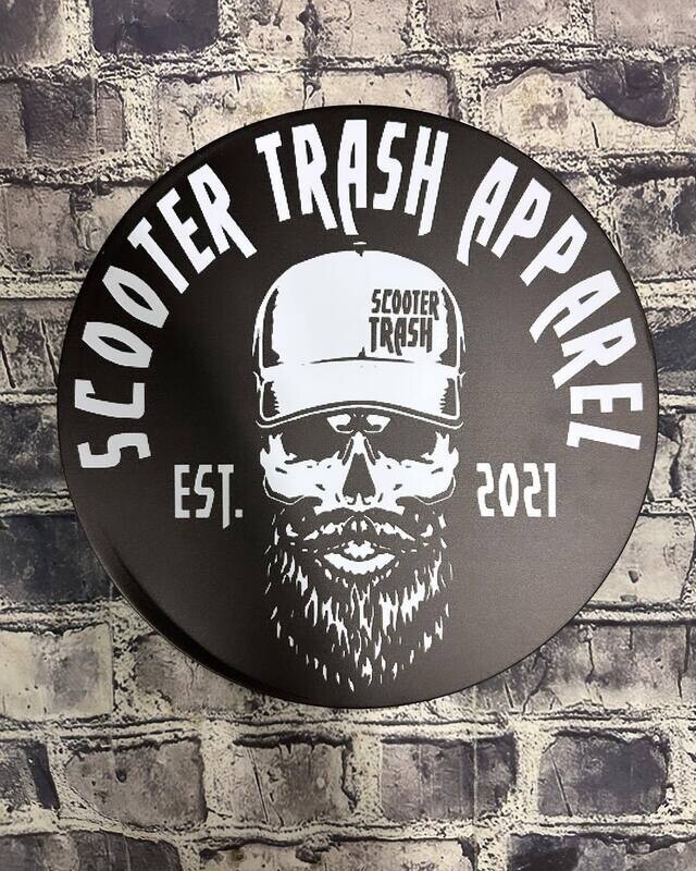 SCOOTER TRASH APPAREL EST 2021 GUY SKULL- METAL SIGN - 12 INCH ROUND