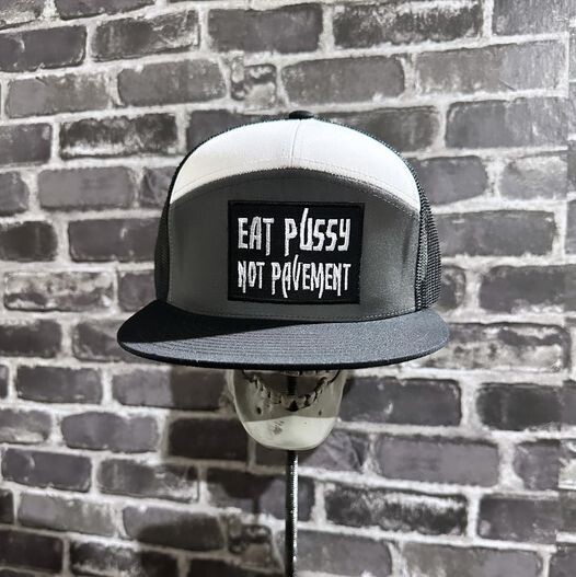 EAT PUSSY NOT PAVEMENT- WHITE &amp; GRAY MESH - PATCH  - SNAP BACK