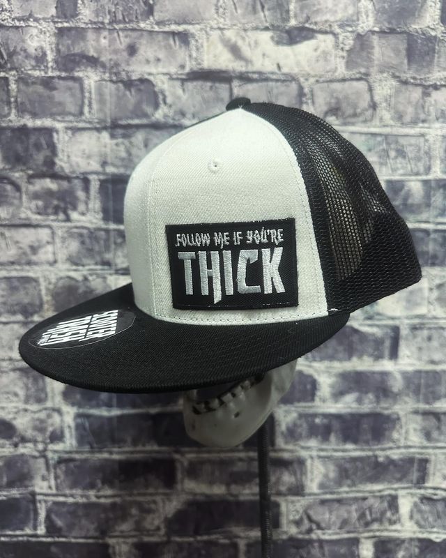 FOLLOW ME IF YOUR THICK-WHITE HAT BLACK BILL BLACK MESH - PATCH  - SNAP BACK