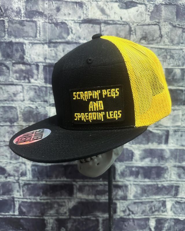 SCRAPIN PEGS AND SPREADIN LEGS- YELLOW/GOLD MESH BACK- PATCH  - SNAP BACK