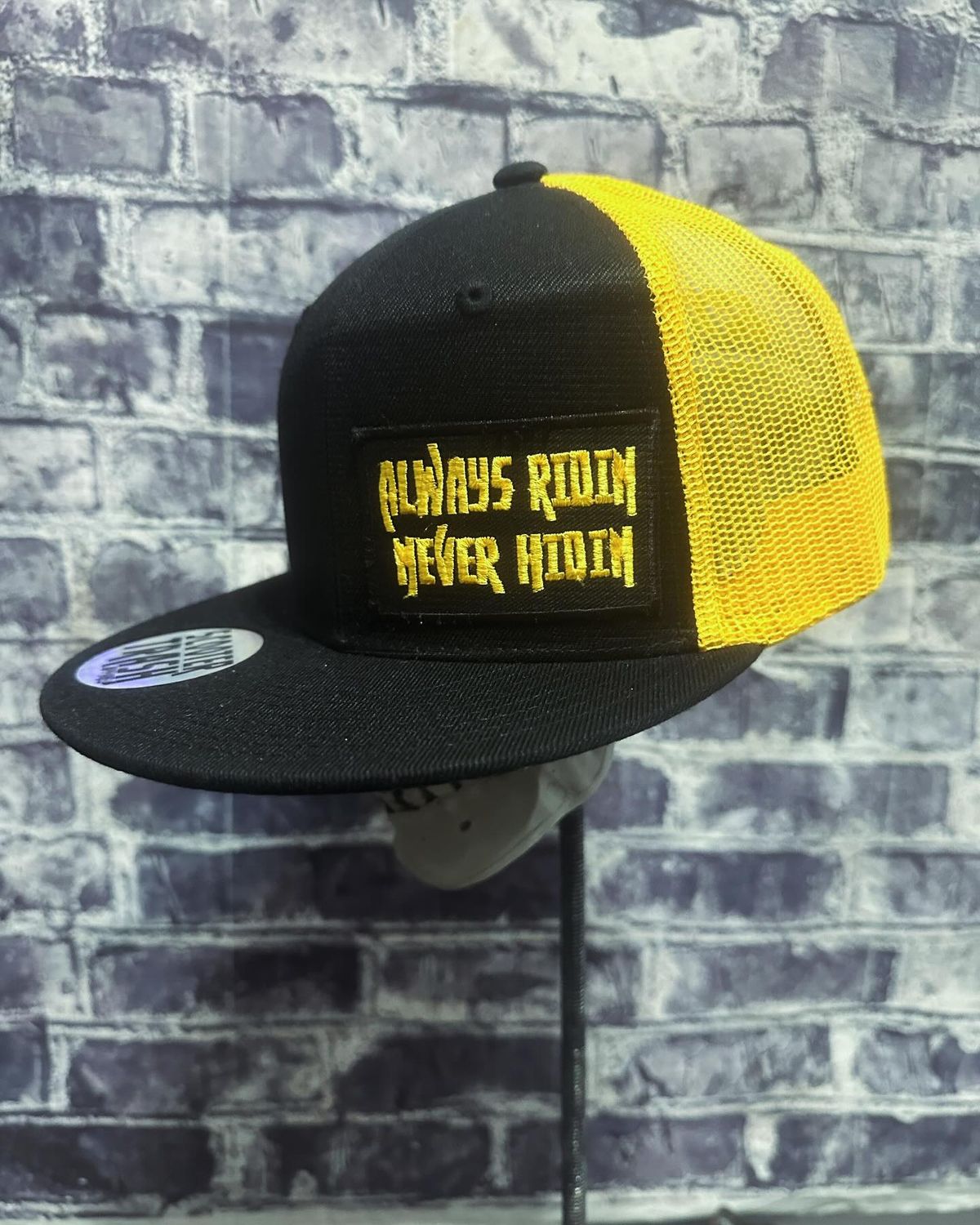 ALWAYS RIDIN NEVER HIDIN - YELLOW/GOLD MESH BACK- PATCH - SNAP BACK