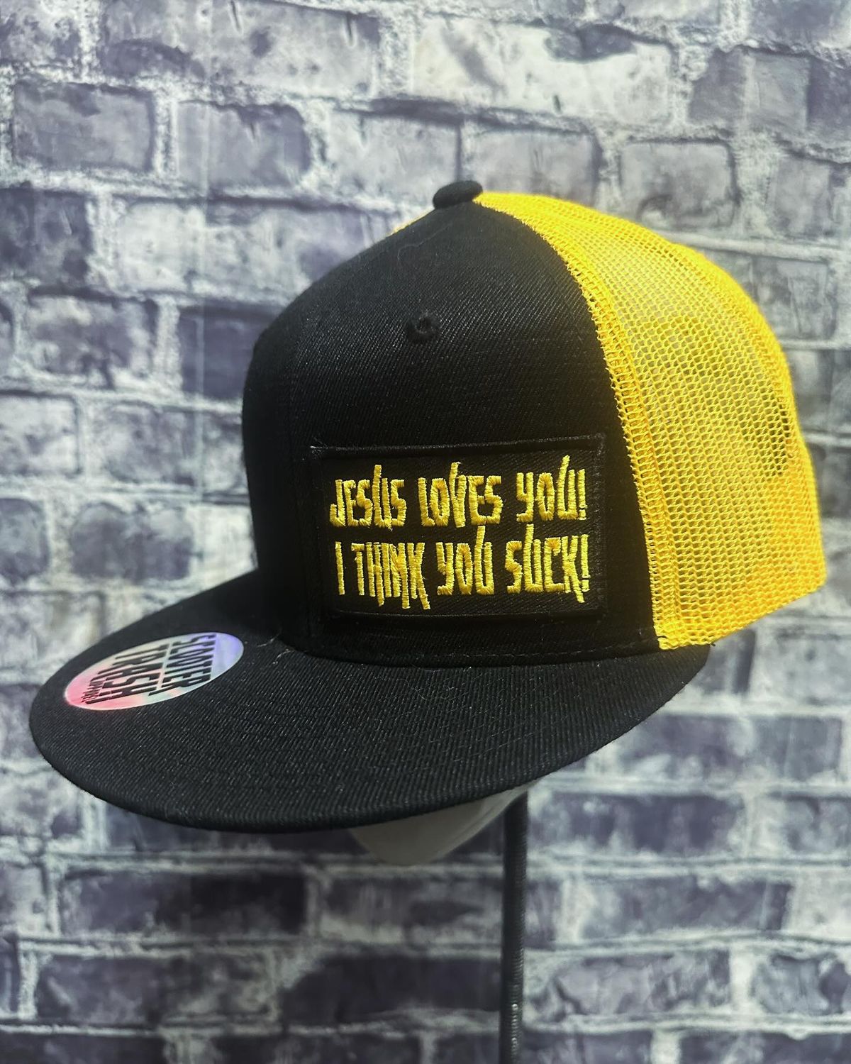 JESUS LOES YOU I THINK YOU SUCK! - YELLOW/GOLD MESH BACK- PATCH - SNAP BACK