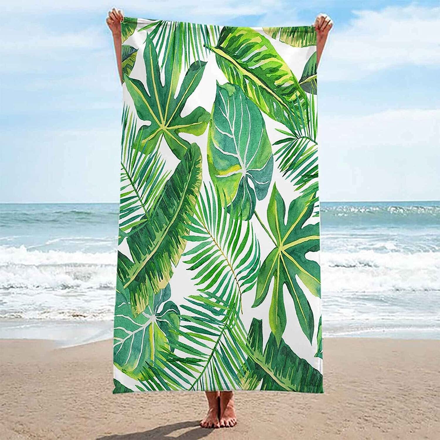Beach Towel in Green Leafs Print -Size : 75cm X 1,50m