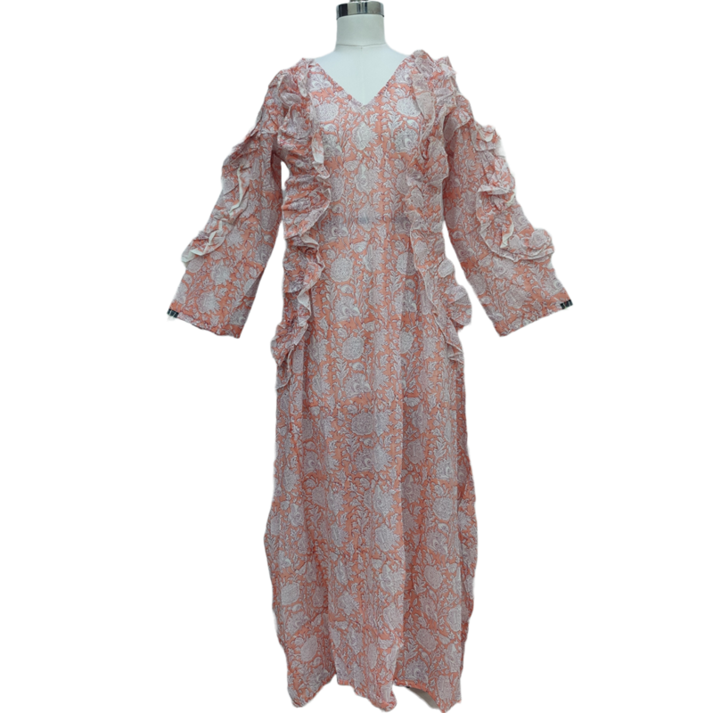 Hand Printed Peach Color Maysoon Jalabiya 100% Cotton Dress 56 Inches Long