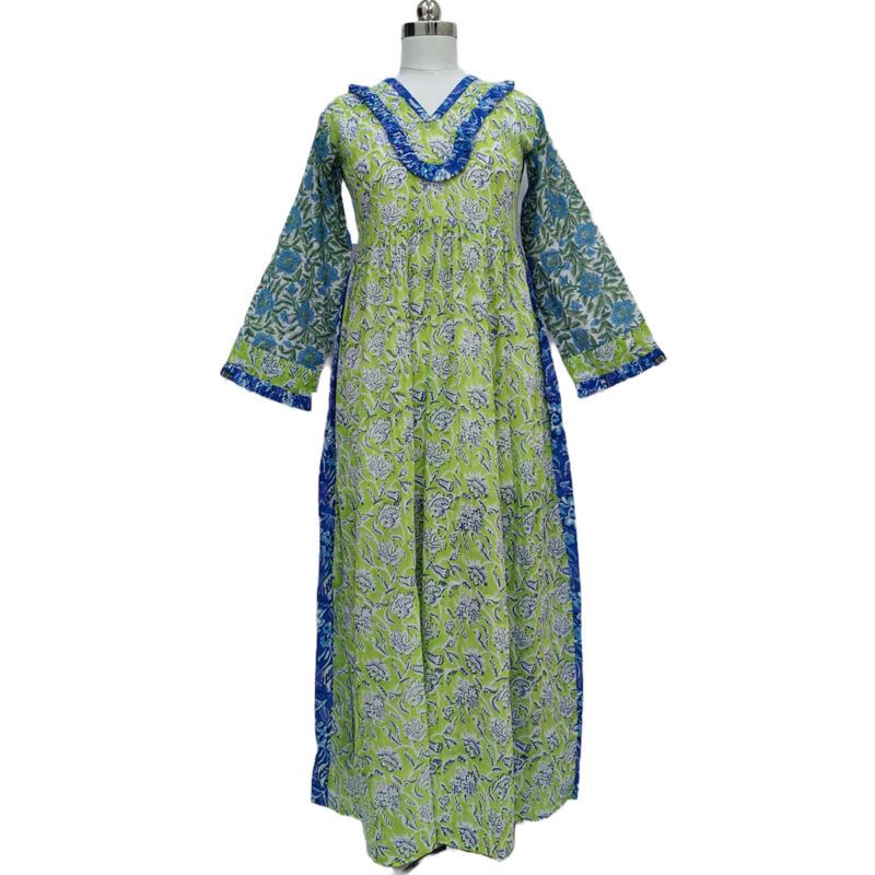 Hand Printed Green Color Special Jalabiya 100% Cotton Dress 56 Inches Long