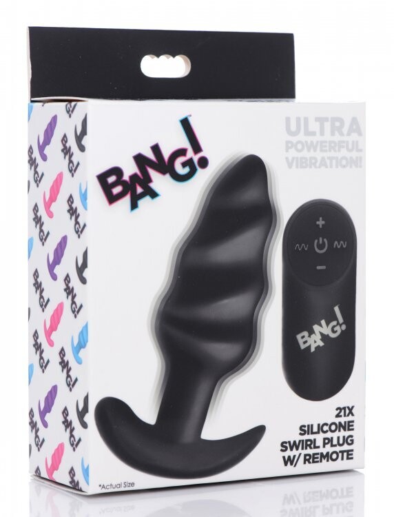 BANG! 21X VIBRATING SILICONE SWIRL BUTT PLUG W/REMOTE BLACK