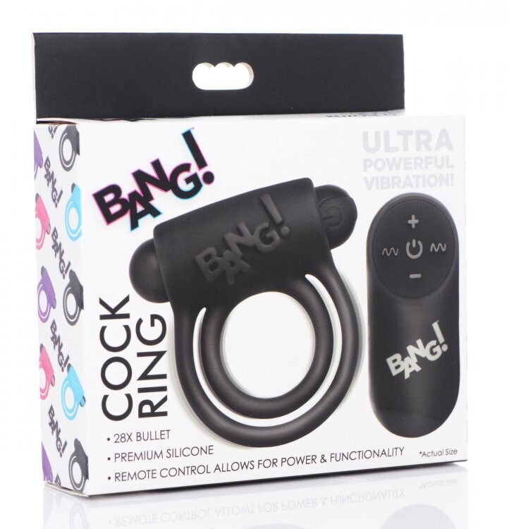 BANG! SILICONE COCK RING &amp; BULLET W/REMOTE - BLACK