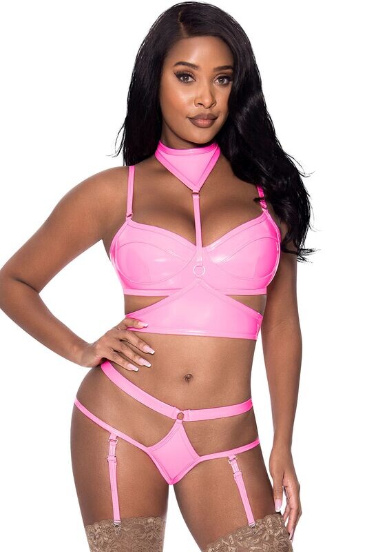 CLUB CANDY BRA, HARNESS &amp; PANTY PINK L/XL