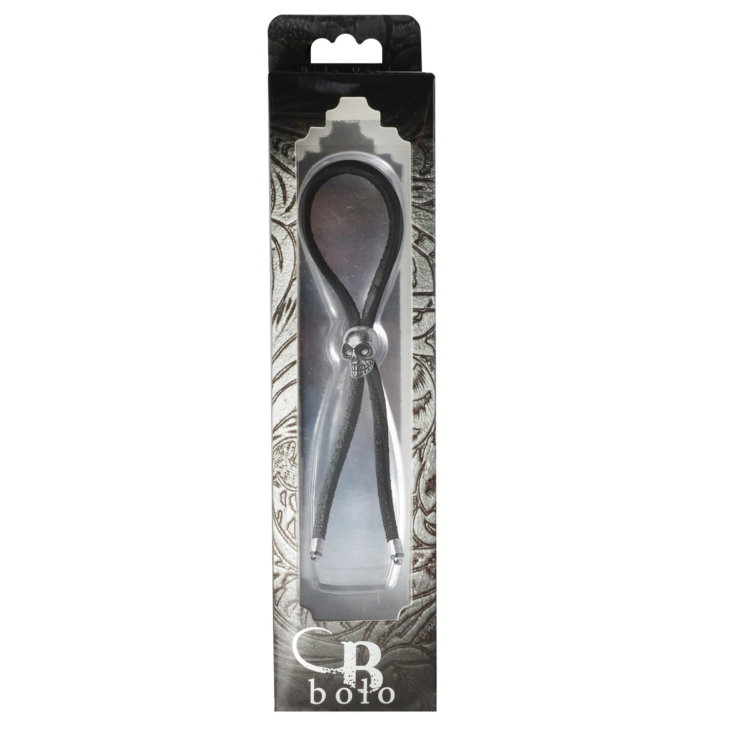C-RING LASSO SILVER SKULL BEAD LEATHER STRAP BLACK