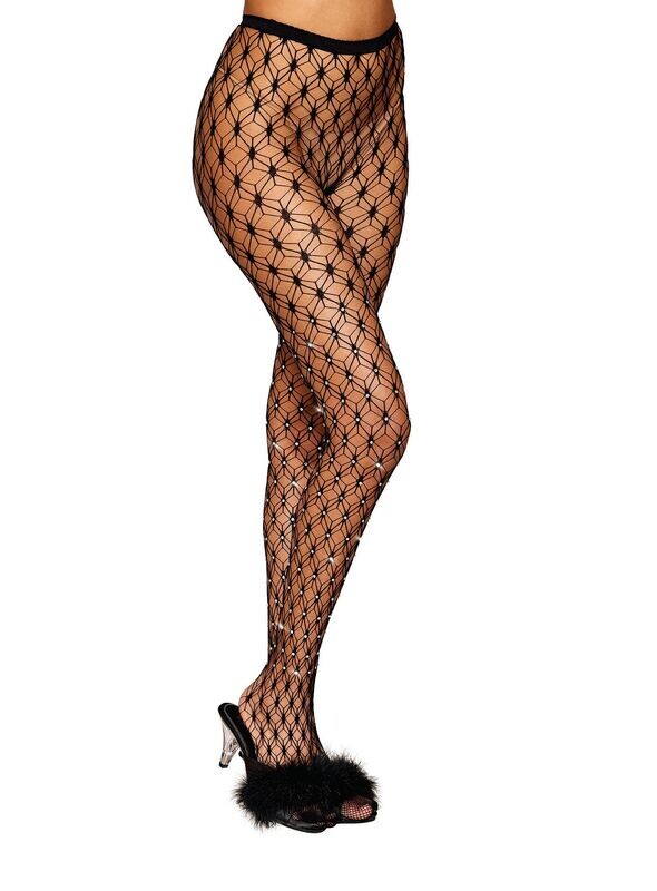 GEOMETRIC FENCE NET PANTYHOSE W/RHINESTONES BLACK O/S